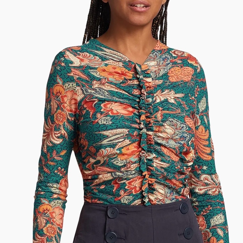 Ulla Johnson Wren Ruched Top Elegant Floral Womens XLarge Fitted Ruffle Trim